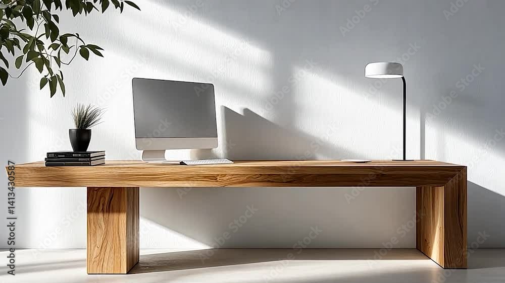 Modern minimalist workspace featuring a wooden desk with a computer and lamp, sunlit ambiance