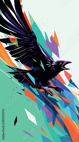 Vibrant abstract illustration of a raven with colorful geometric background flat vector illustration
