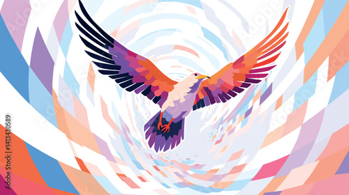 Multicolored eagle soaring in abstract patterned sky flat vector illustration