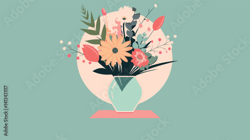 Minimalist floral arrangement in vase against geometric background flat vector illustration