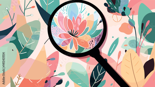 Abstract floral art with magnifying glass revealing colorful petals and leaves flat vector illustration