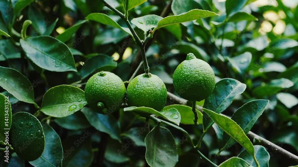 Green limes growing on lush tree branch