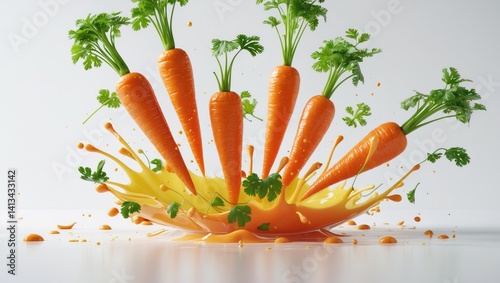 Whole and sliced carrots with tops in fresh juice droplets, isolated on a white background