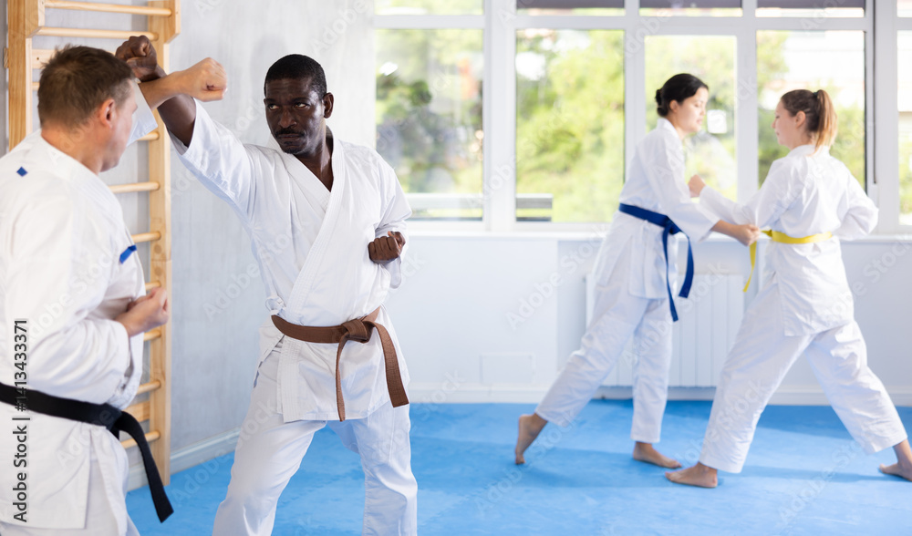 Two adult male karatekas in kimonos practice karate techniques in group in gym Two adult male karatekas in kimonos practice karate techniques in group in gym
