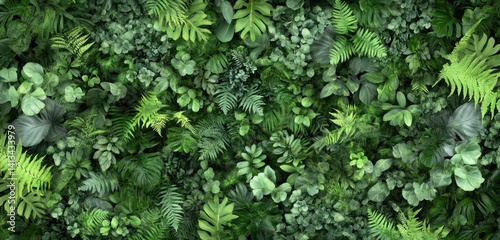 Dense green foliage background with various leaves and textures creating a natural wall.