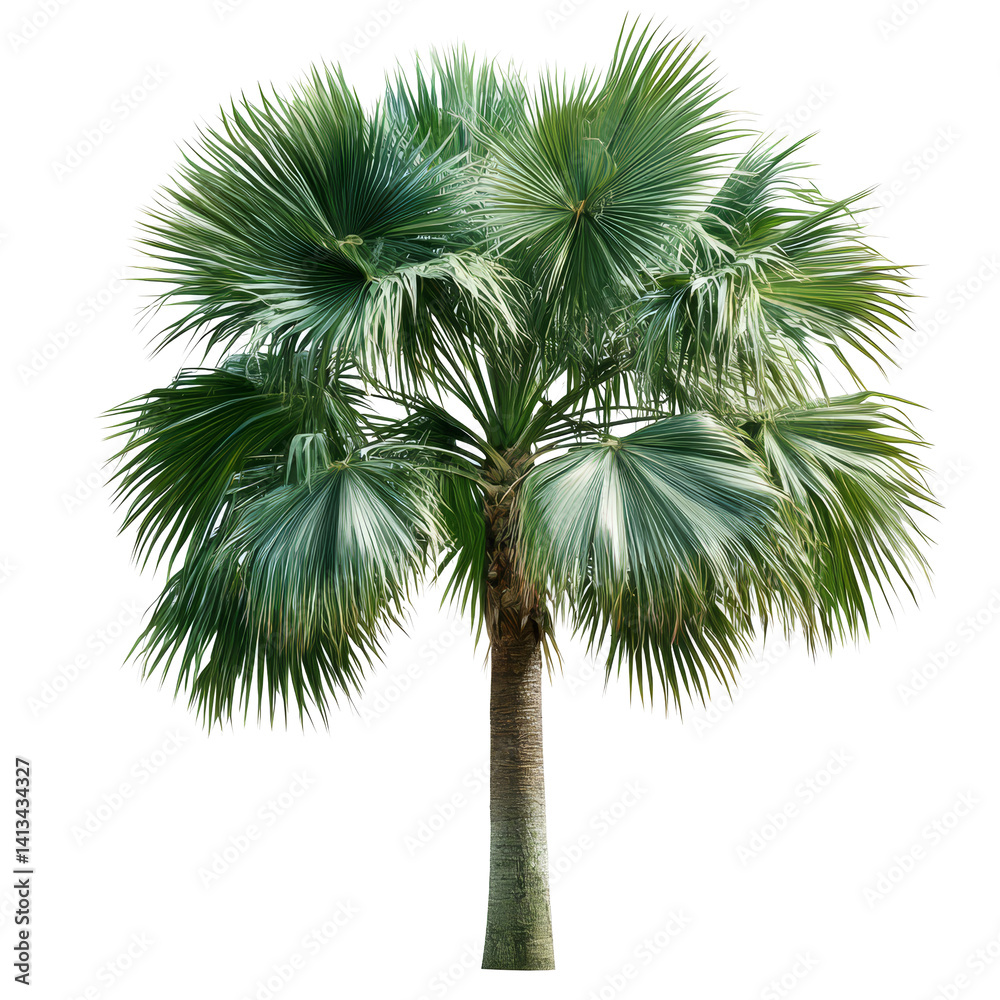Fototapeta premium Beautiful green palm tree standing tall and isolated against a clean transparent background for decoration or design purposes, green leaf palm tree isolated on transparent backgroundfile