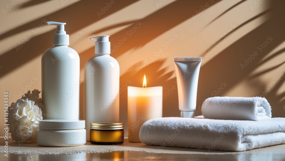 White vessels, a white towel, and a lit candle. Set against a backdrop. White vessels, a white towel, and a lit candle. Set against a backdrop.