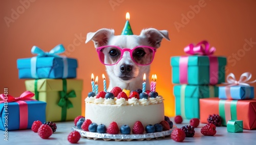 Birthday celebration of a white dog with gifts and cake. High quality photograph
