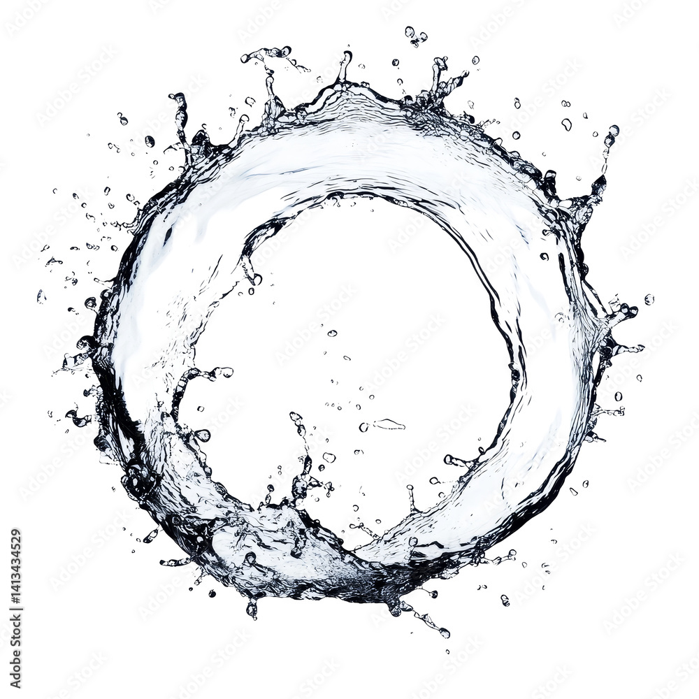 Obraz premium Water splashes create a dynamic circular pattern in an isolated visual display, showcasing fluid motion and clarity, Water splashing out from circle shape isolated