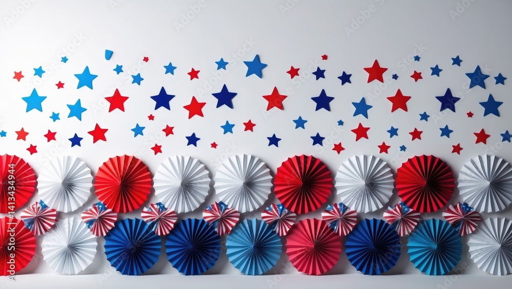 Obraz premium White, blue, and red paper fans with confetti stars on a white table. Holiday sale banner creation.