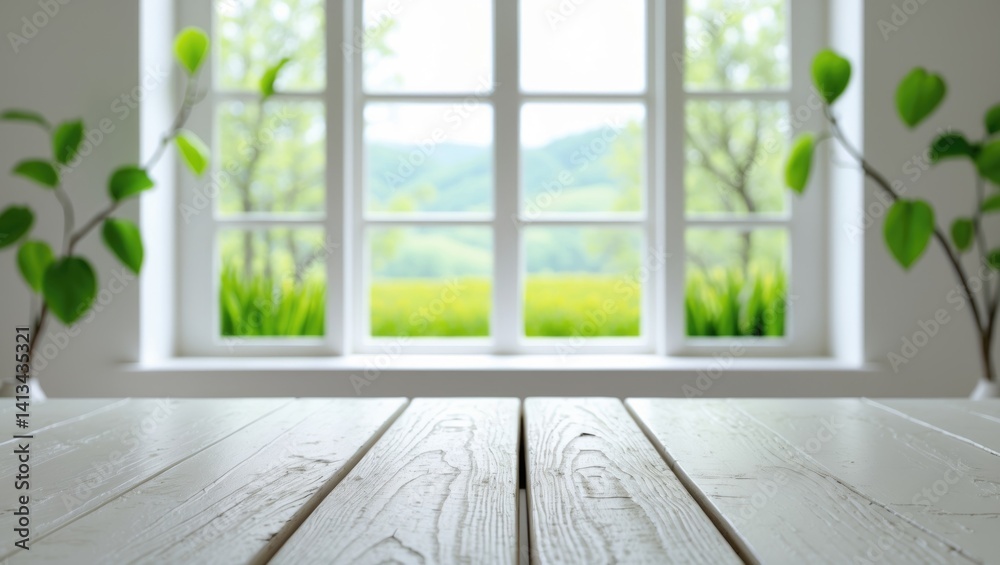 Fototapeta premium Blank white table backdrop for your decor and a spring window featuring a green plant.