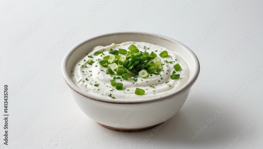 White ceramic bowl filled with herb-infused sour cream dip sauce against a white backdrop White ceramic bowl filled with herb-infused sour cream dip sauce against a white backdrop
