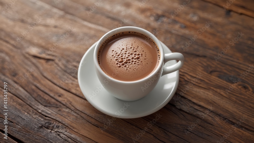 Obraz premium Trendy healthy beverage in a white cup on a wooden backdrop, top view, with ample copy space