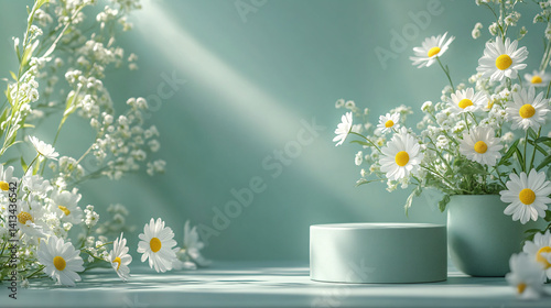 Pale Green Ceramic Podium with Daisies and Ranunculus