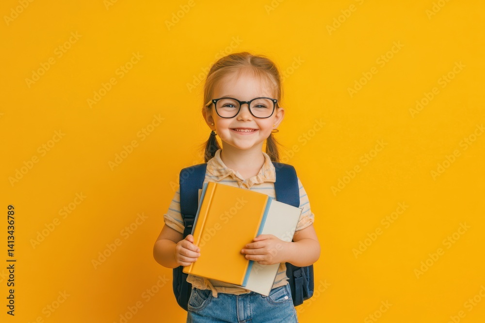 Smiling girl with glasses holds books wearing backpack against yellow background. Smiling girl with glasses holds books wearing backpack against yellow background.