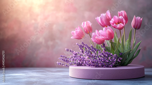 Matte Lavender Podium with Pink Tulips and Lavender Sprigs