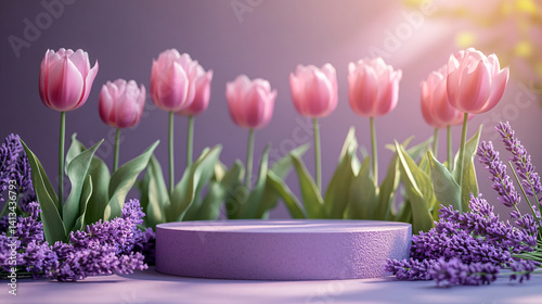 Matte Lavender Podium with Pink Tulips and Lavender Sprigs