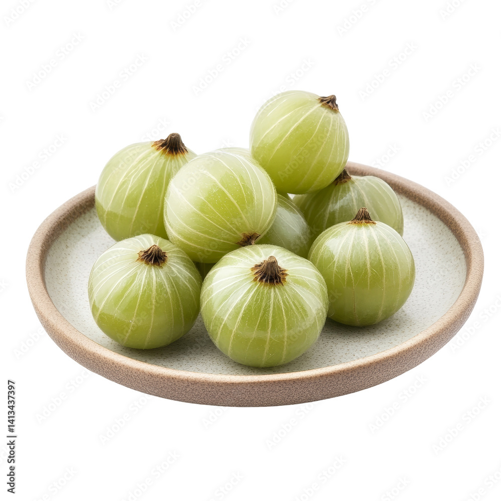 Obraz premium Fresh Indian gooseberries displayed in a simple plate against a transparent background, Indian gooseberry in aplate isolated on transparent background