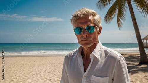 Um distinto homem mais velho, de óculos escuros, aproveita férias na praia sob um céu claro e ensolarado.