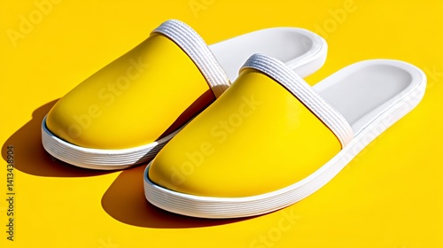 Wallpaper Mural Pair of yellow slippers with white trim. The slippers are sitting on a yellow background Torontodigital.ca