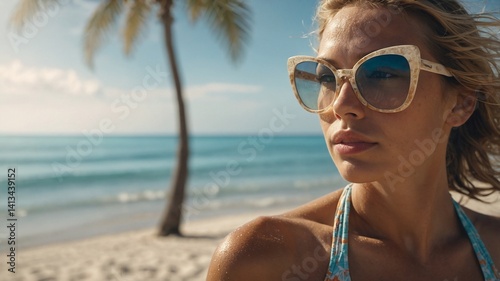Mulher atraente com óculos de sol aproveita um dia ensolarado na praia com oceano azul e palmeiras.