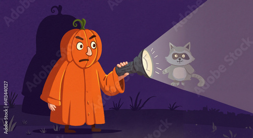 Pumpkin-costumed child exploring with flashlight in spooky night  