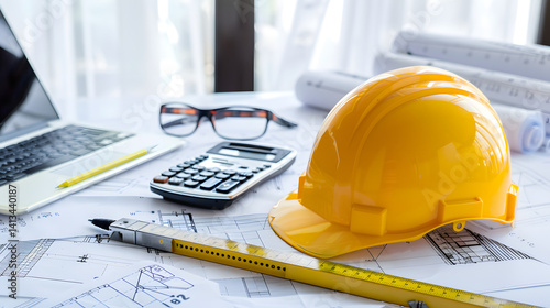 Professional Engineer Safety Helmet Inspection with Technical Drawings for Construction Site