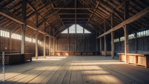 Unoccupied wooden stands in an open-air farmers market under a pavilion on a sunny afternoon.
