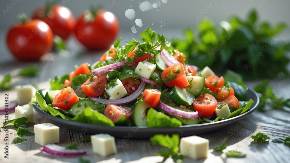 Cheese-topped vegetable salad on a plate Cheese-topped vegetable salad on a plate