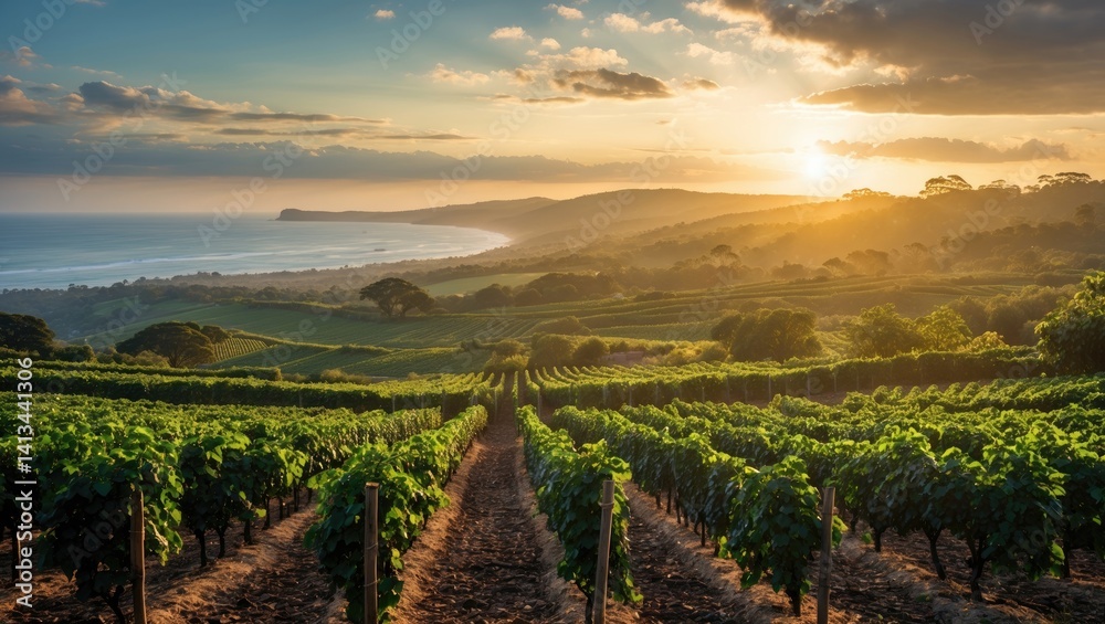 Fototapeta premium Morning light shines over a coffee plantation.