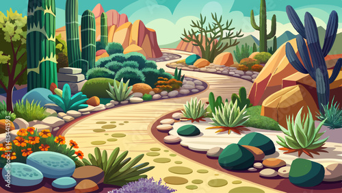 Rock garden with a winding path of pebbles between small succulents and cacti