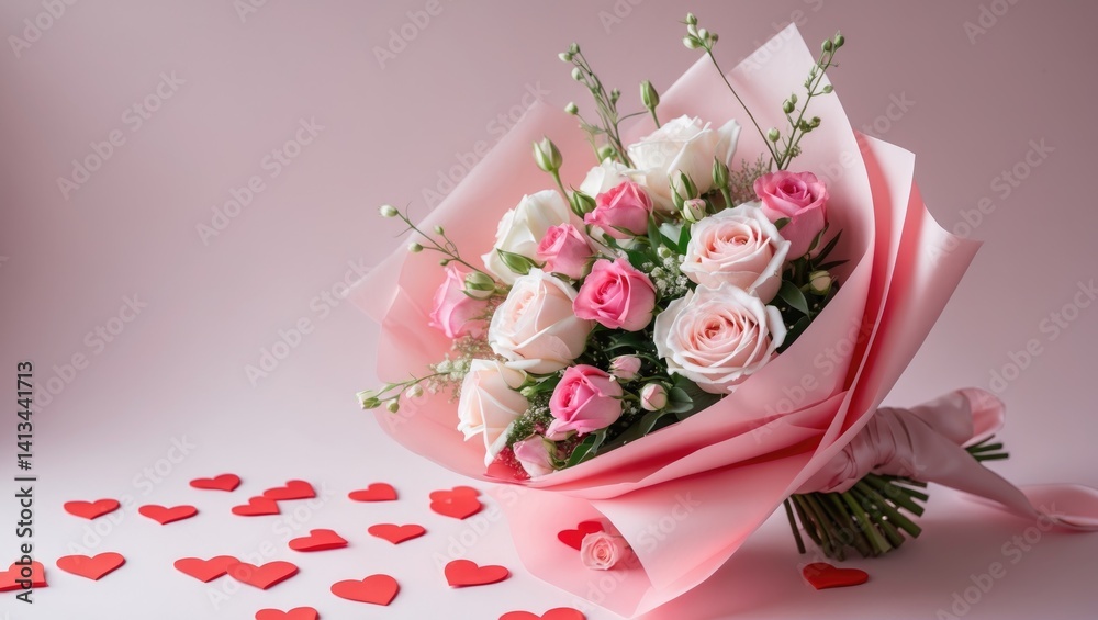 Stylish flower arrangement on a pink backdrop with room for text.