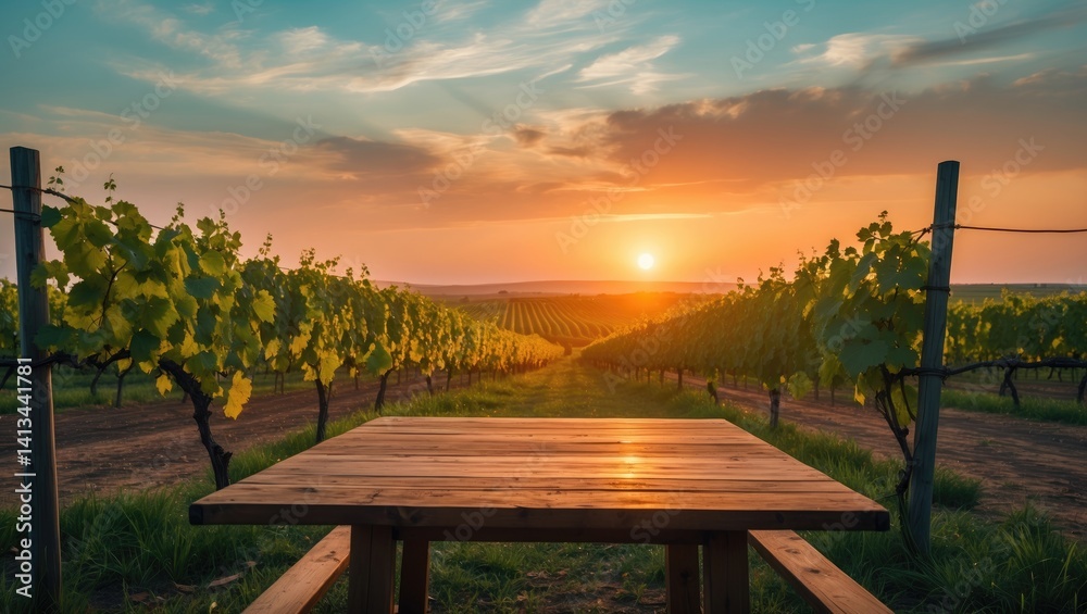 Fototapeta premium Sunrise landscape featuring a wooden table and vines