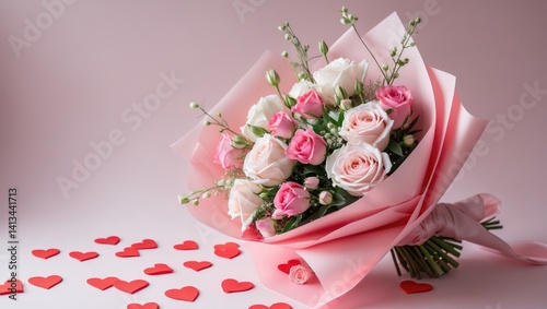 Obraz na płótnie Stylish flower arrangement on a pink backdrop with room for text. w salonie
