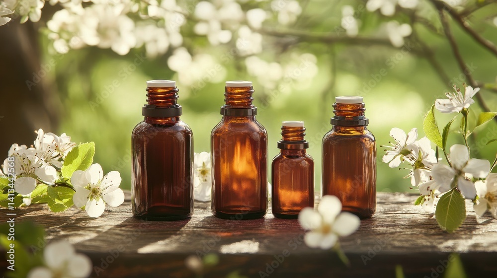 Four essential oil bottles in rustic setting with fresh blossom accents : Generative AI. Four essential oil bottles in rustic setting with fresh blossom accents : Generative AI.