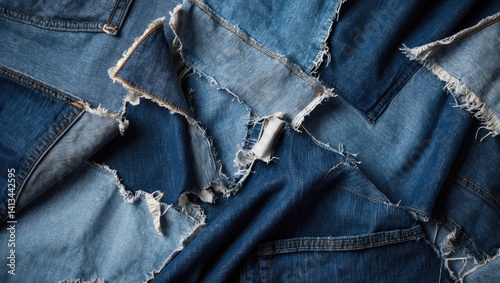 Blue denim jeans textile frame. Shredded denim material. Ruined torn denim patches, background banner. Recycle old fabrics concept. Various cloth fragments.