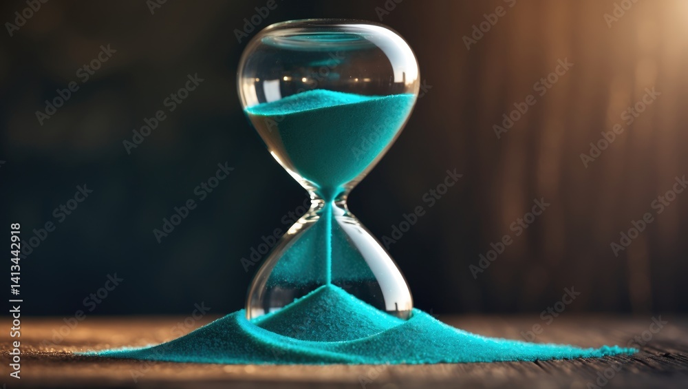 Sand flowing through the bulbs of an hourglass tracking the passage of time in a countdown, set against a dark backdrop with space for text.