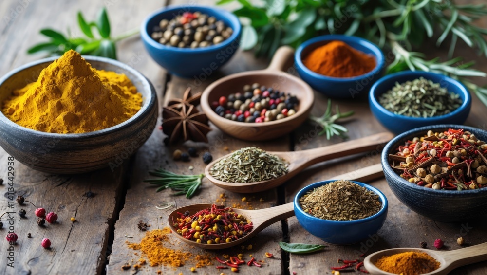 Different spices arranged on table Different spices arranged on table