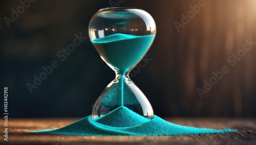 Obraz na płótnie Sand flowing through the bulbs of an hourglass tracking the passage of time in a countdown, set against a dark backdrop with space for text. w salonie