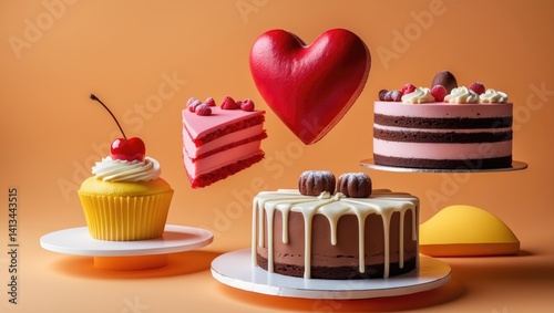 Diverse floating cakes with embellishments. Luxurious fresh mousse dessert in mid-air against a colorful backdrop photo