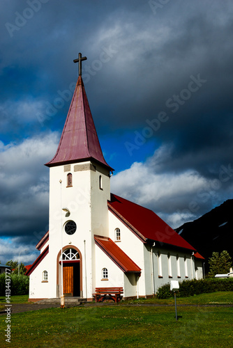 Flateyri, Iceland. Church in the small village of Flateyri, in Onundarfjordur.