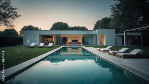 Wallpaper Mural Stylish villa design showcasing an open floor plan and a private wing. Generous terrace providing seclusion from the house, plus a swimming pool. Small sheltered terrace for sauna enjoyment and Torontodigital.ca