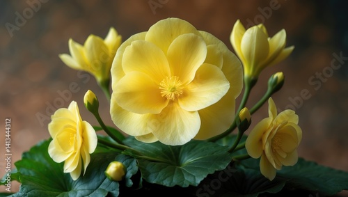 Lively tuberous begonia set against a dark backdrop.