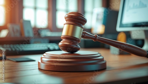 Vertical depiction of a Judge's Hammer for adjudication with a wooden stand and a laptop included.
