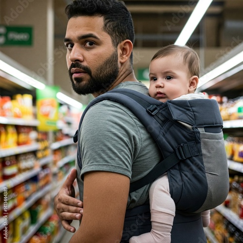 single father carrying his baby at supermarket shopping as a concept of gender equality