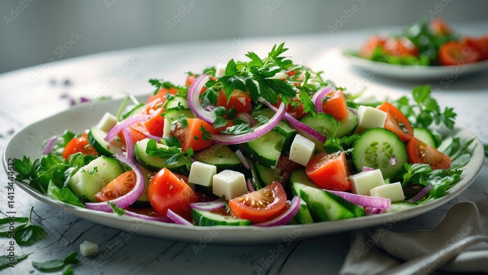 Plate of vegetable salad garnished with cheese Plate of vegetable salad garnished with cheese