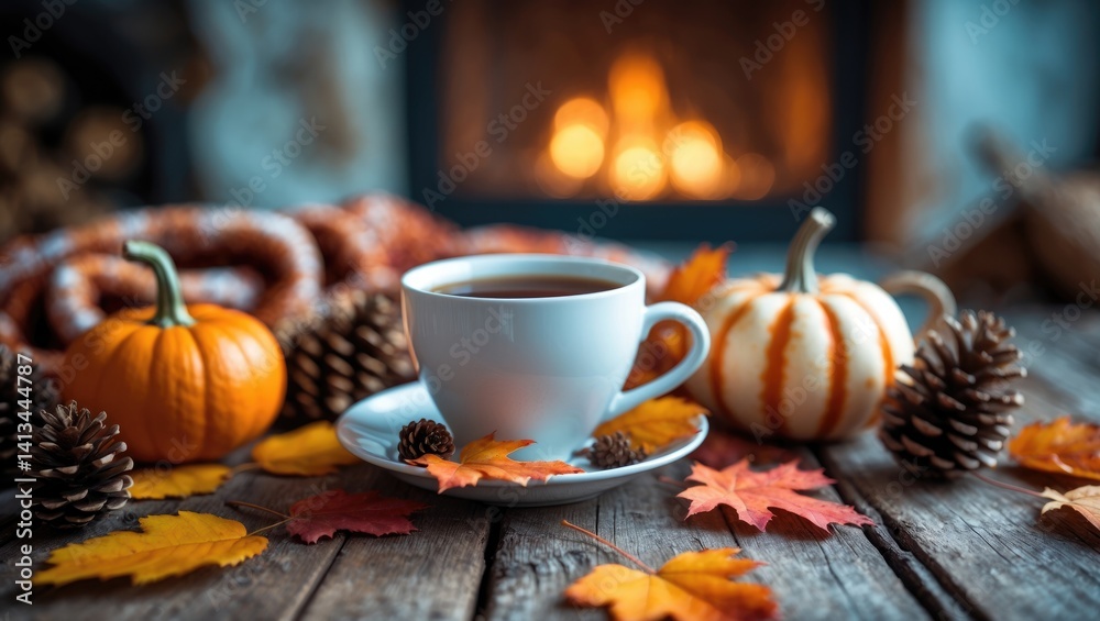Charming autumn vibes. Comfortable tea mug, pumpkins, fall leaves, cones, soft scarf on a rustic wooden table set near a fireplace. Autumn comfort in a rural setting. Charming autumn vibes. Comfortable tea mug, pumpkins, fall leaves, cones, soft scarf on a rustic wooden table set near a fireplace. Autumn comfort in a rural setting.