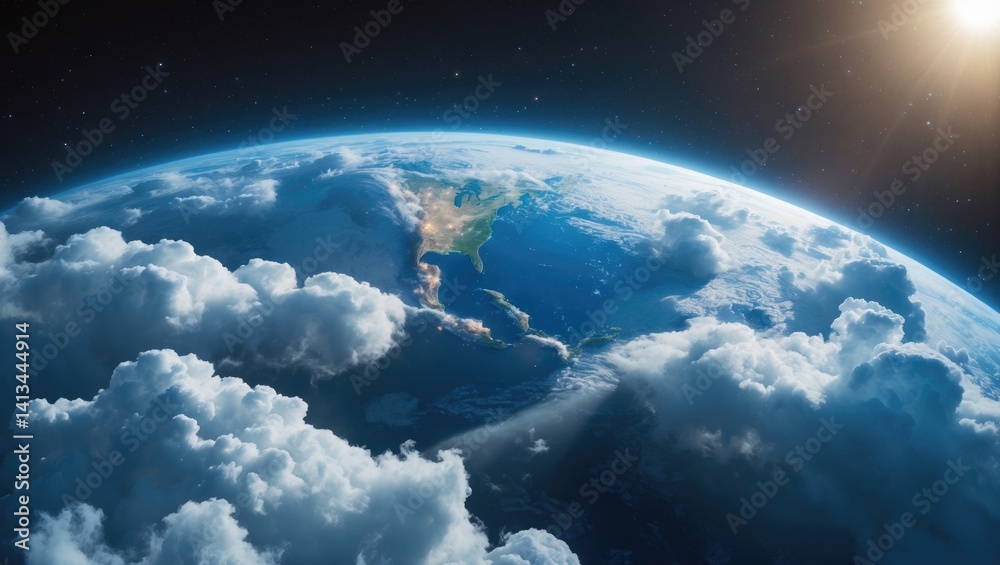 Perspective of Earth from space, blue planet against deep black cosmos