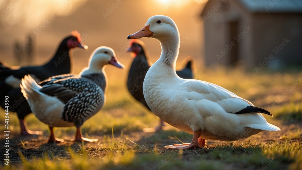 Ducks forage in a traditional farmyard. Detailed view of a duck's head. Close-up of a waterbird in the barn area. Free-range poultry farming idea. Ducks forage in a traditional farmyard. Detailed view of a duck's head. Close-up of a waterbird in the barn area. Free-range poultry farming idea.
