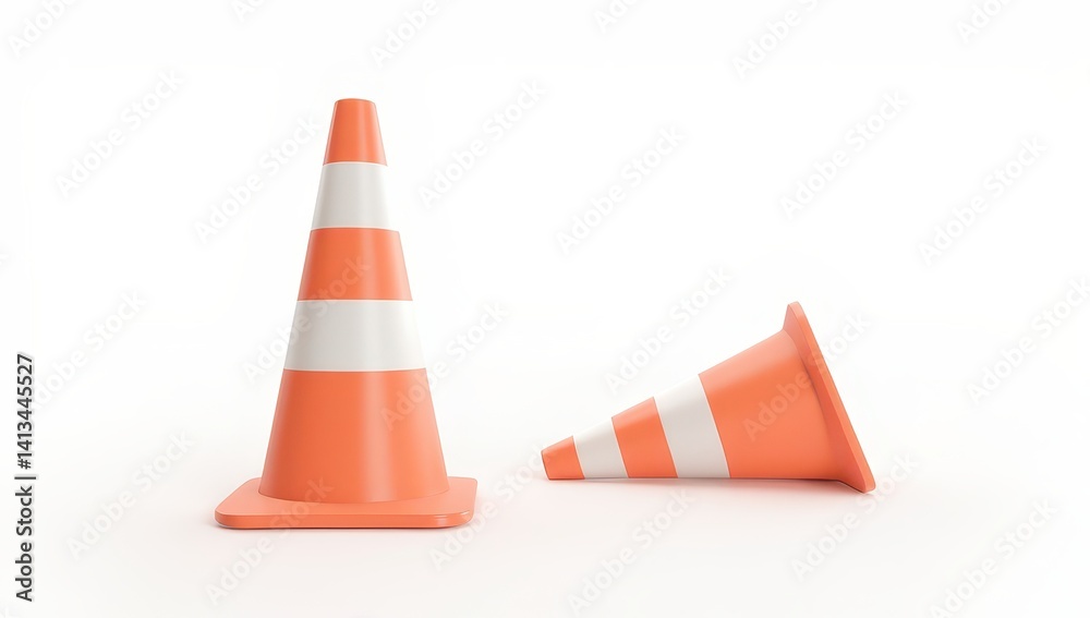 Orange and White Traffic Cones on White Background